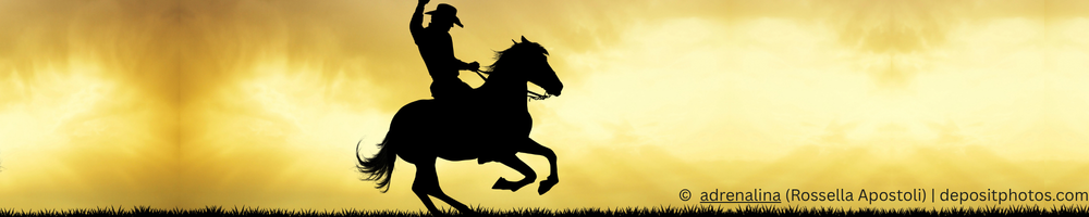 Silhouette eines Cowboys auf einem Pferd vor gelbem Himmel