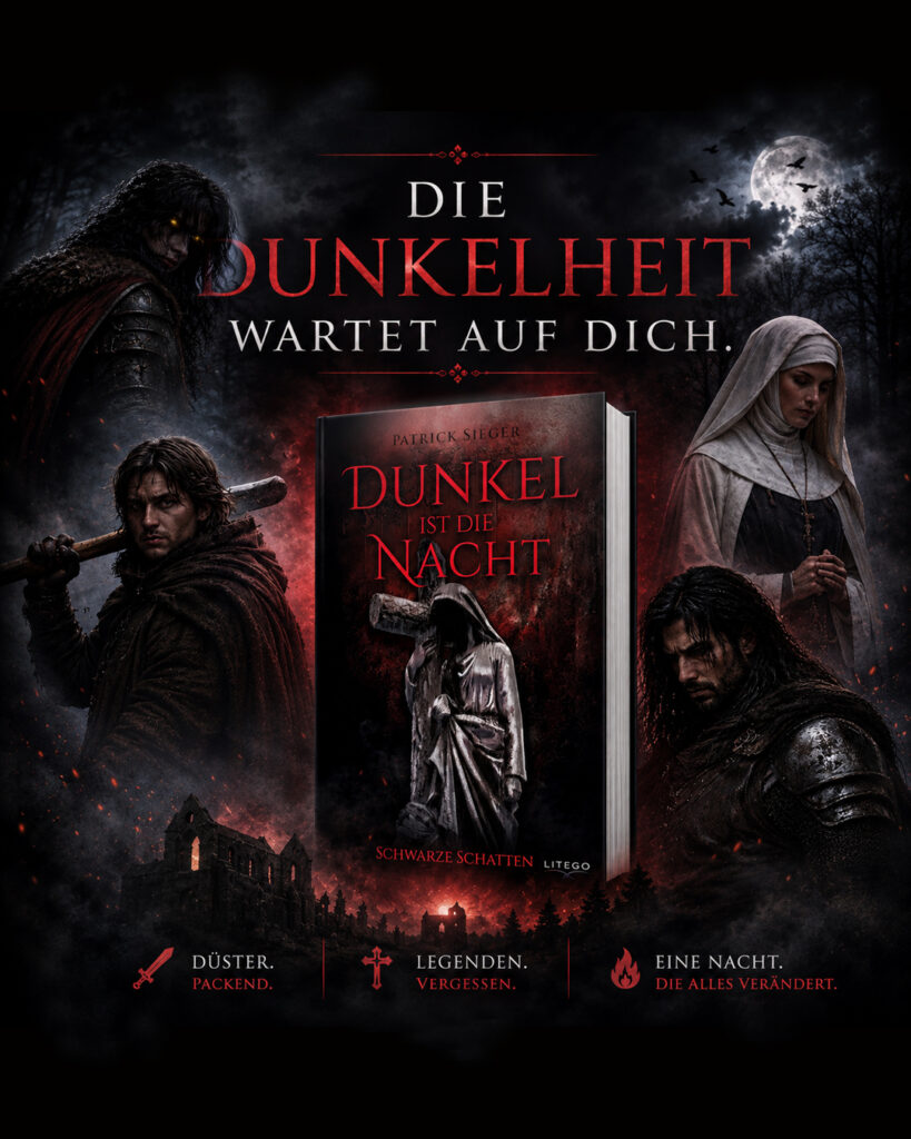 Dunkles mit Eisenstatue und der roten Schrift "Dunkel ist die Nacht" und in schwarzer Schrift "Patricj Sieger". Weitere Textelemente sind um das Cover herum abgedruckt: Die Dunkelheit wartet auf dich; düster, packend; Legenden, vergessen; eine Nacht, die alles verändert