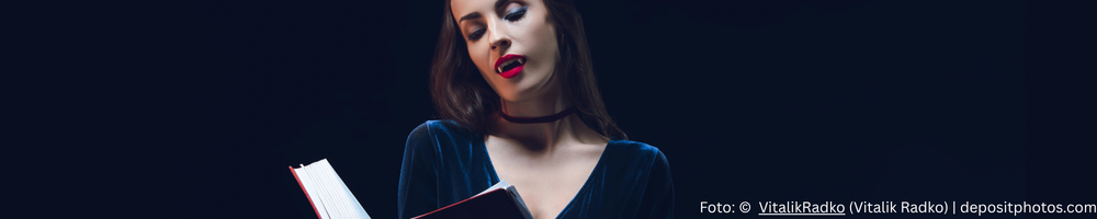 Foto einer Vampirin, die ein Buch liest