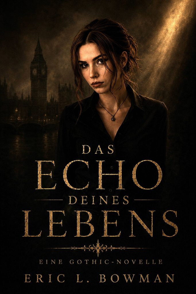 Buchcover. Text: Das Echo deines Lebens. Eine Gothic Novelle. Eric L. Bowman. Hintergrundbild: Eine junge Frau mit ernstem Gesichtsausdruck vor dunklem Hintergrund
